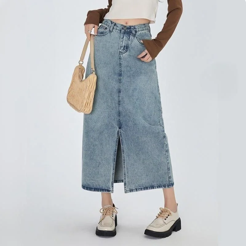 Free And Casual Classic High Waist Straight Denim Skirt