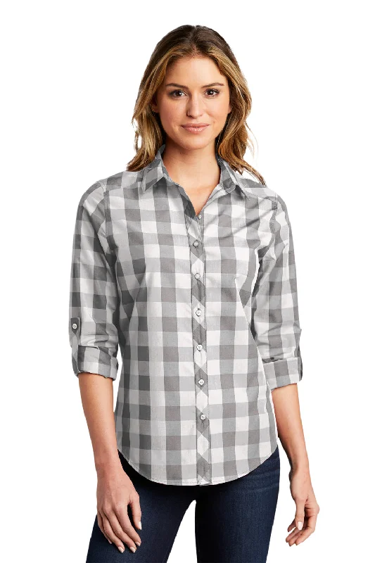 High-end Fashion Port Authority Womens Everyday Plaid Long Sleeve Button Down Shirt - Shadow Grey