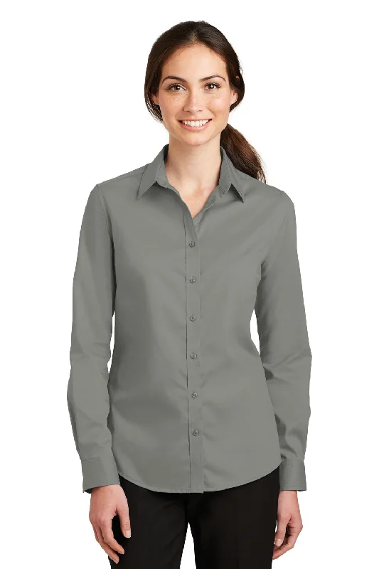 Slightly Flared Design Port Authority Womens SuperPro Wrinkle Resistant Long Sleeve Button Down Shirt - Monument Grey