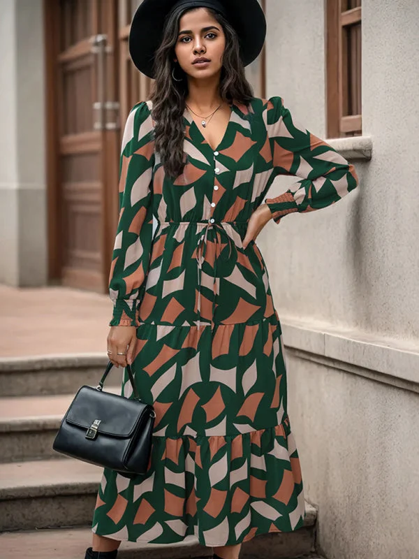 Eye-catching Personality Women's New Long Sleeve Geometric Print V-Neck Midi Dress