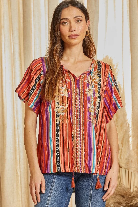 Fashion Selection Floral Embroidered Striped Top