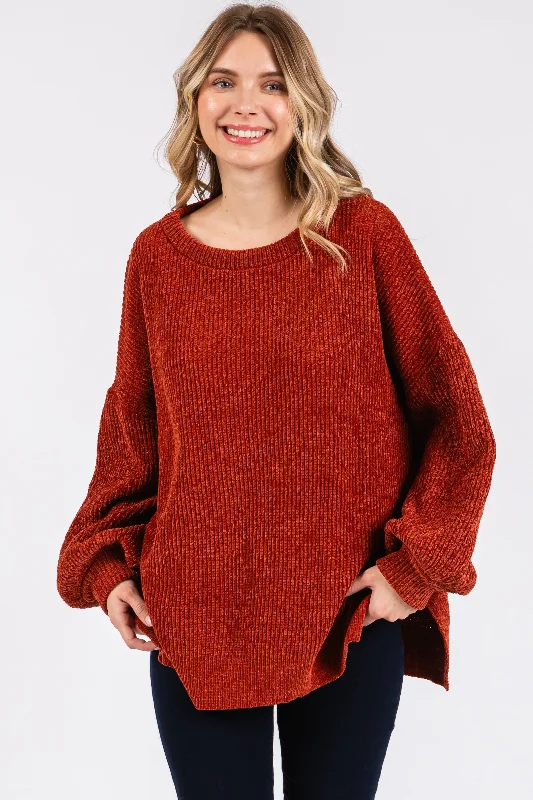 College Style Rust Chenille Knit Balloon Sleeve Sweater