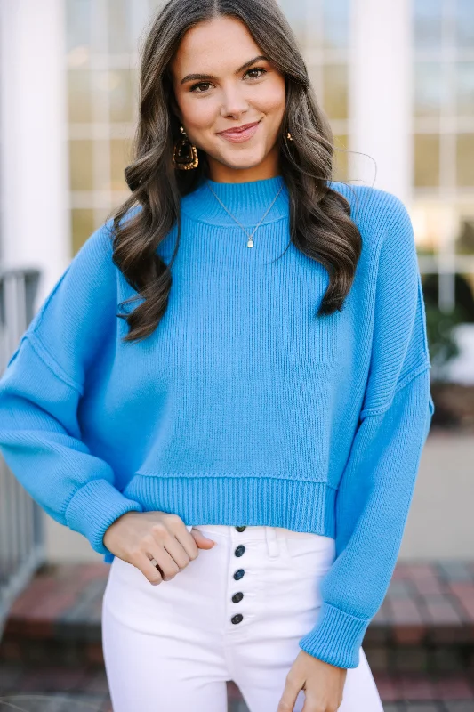 Embroidery Design Where I Am Deep Sky Blue Cropped Sweater