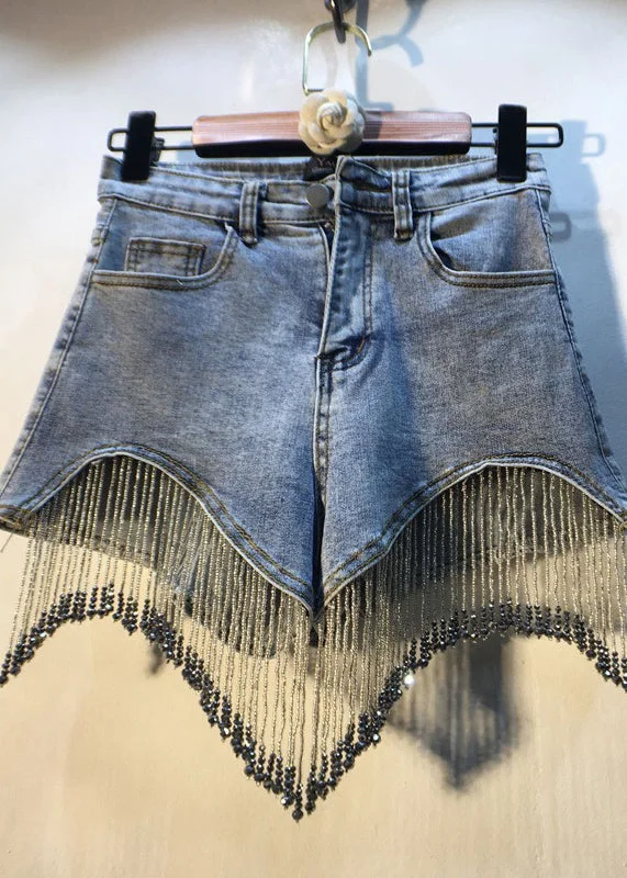 Eye-catching Personality Modern Denim Blue Button Diamonds Tassel Cotton Shorts