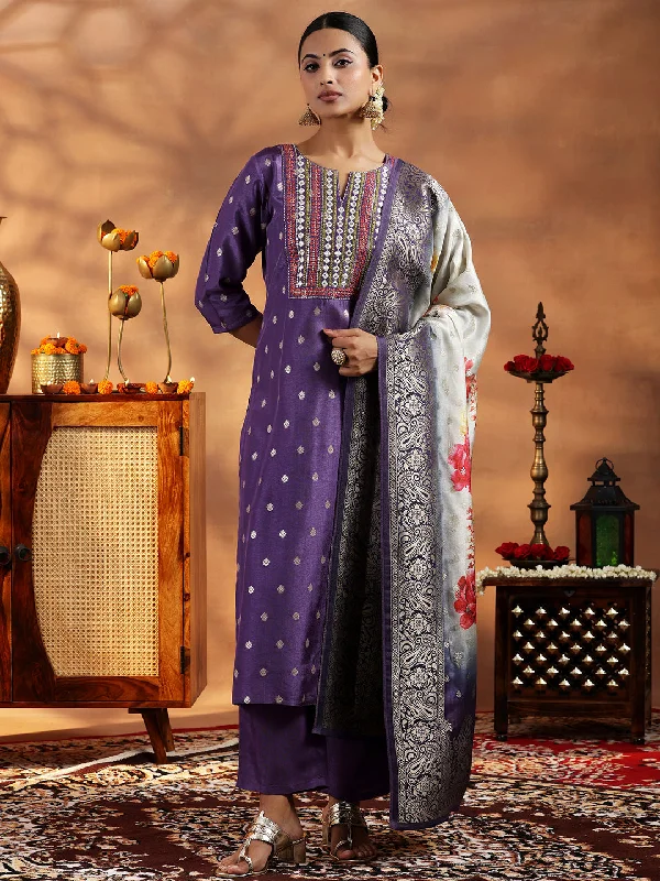 Tropical Style Purple Woven Design Silk Blend Straight Suit With Dupatta