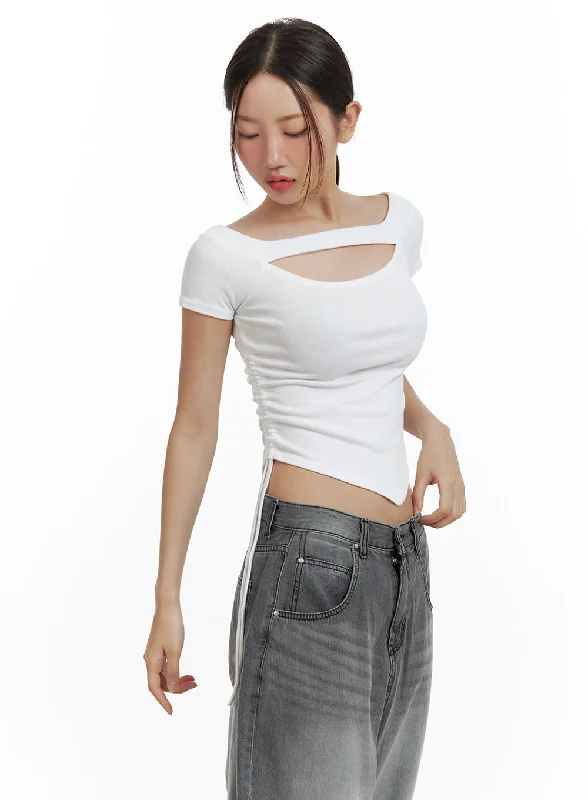 Fashionable Items Cut Out Shirred Crop Tee CU420