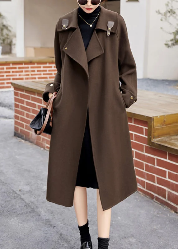 Fashionable Inner Wear Style Coffee Pockets Patchwork Cashmere Woolen Long Coats Fall