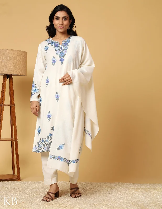 Sweet Style White Aari Embroidered Woolen Suit with Stole