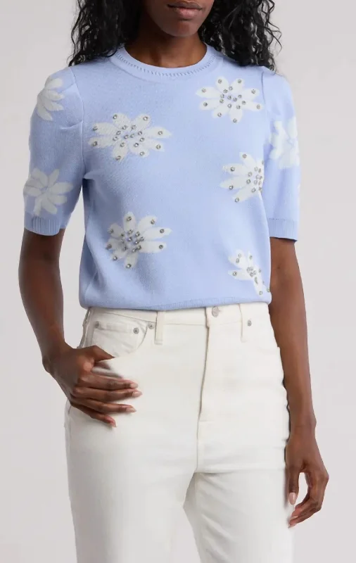 Comfortable Series Floral Rhinestone Sweater In Blue/white