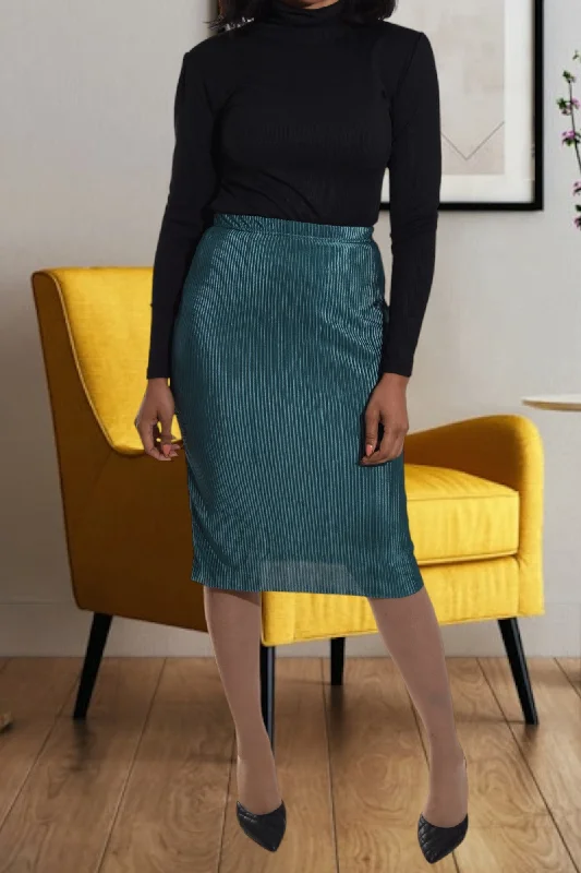 Luxury Temperament Teal Plisse Midi Skirt