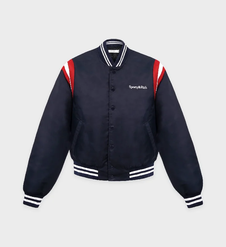 Comfortable And Cold-proof Serif Logo Varsity Jacket - Navy/White/Red