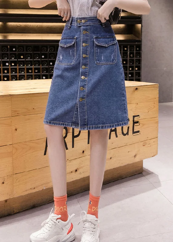 Slightly Flared Design Simple Blue Pocket Button Cotton Denim Wraped Skirt Summer