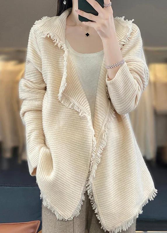 British Fashion French Beige Tasseled Patchwork Cozy Wool Cardigan Fall