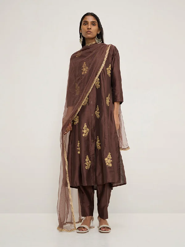 Sports Fashion Vark Brown Embroidered A-Line Kurta, Pants and Dupatta