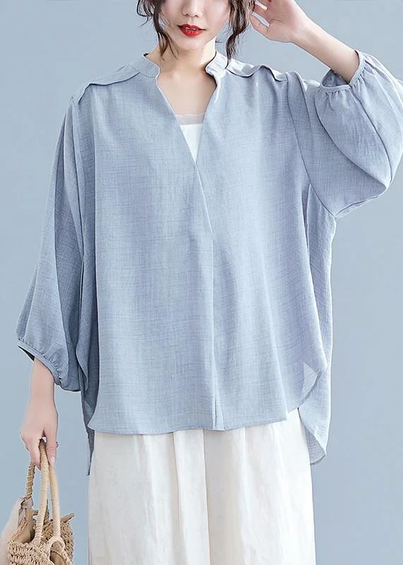 Celebrity Style Unique v neck batwing sleeve cotton linen tops women gray Plus Size blouses summer