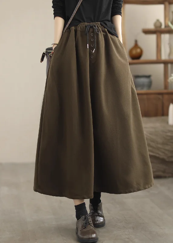 Comfortable And Versatile Chocolate Woolen A Line Skirts Elastic Waist Drawstring Spring