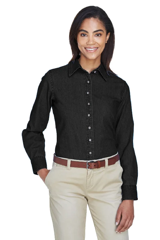 Age-reducing Style Harriton Womens Denim Long Sleeve Button Down Shirt - Washed Black