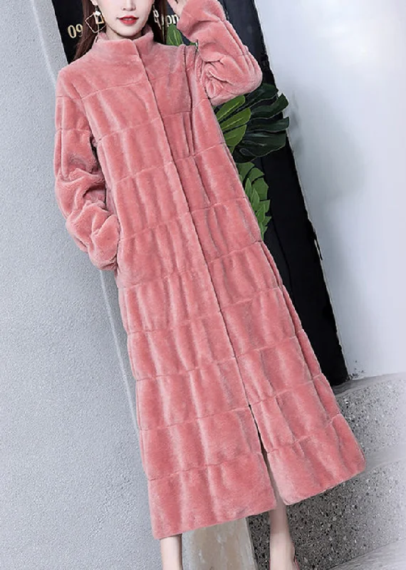 Personalized Outfit Women Pink Stand Collar Layered Wool Long Coat Winter