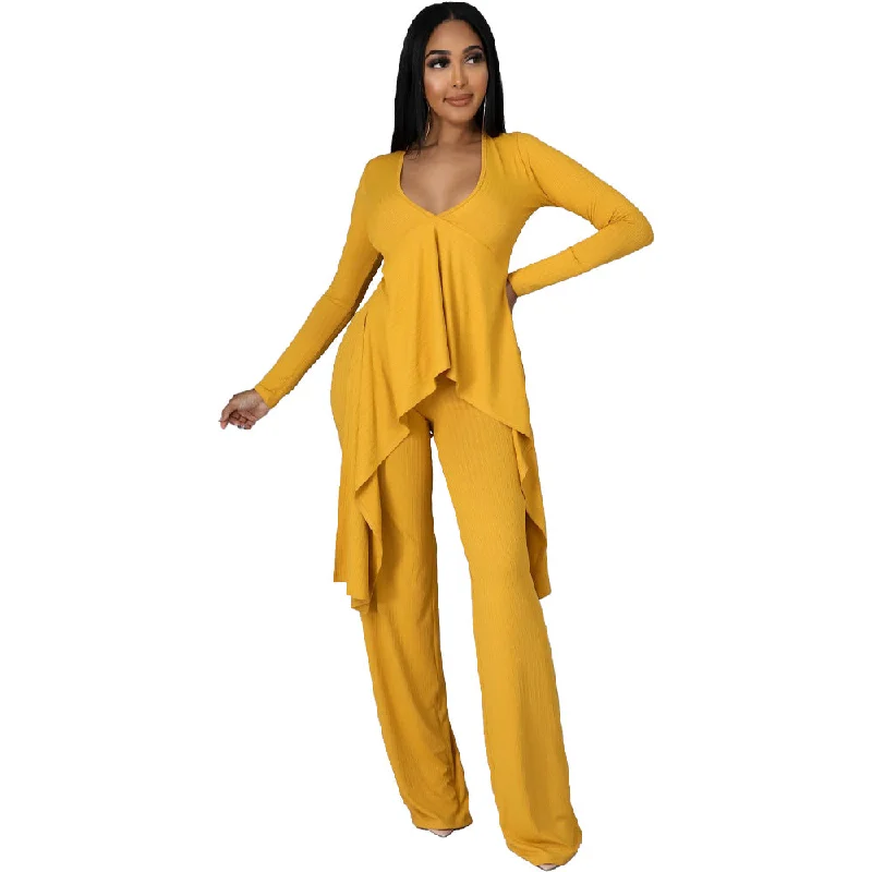 Fresh And Simple Sexy Long Sleeves Irregular Tops and Pants Set for Women