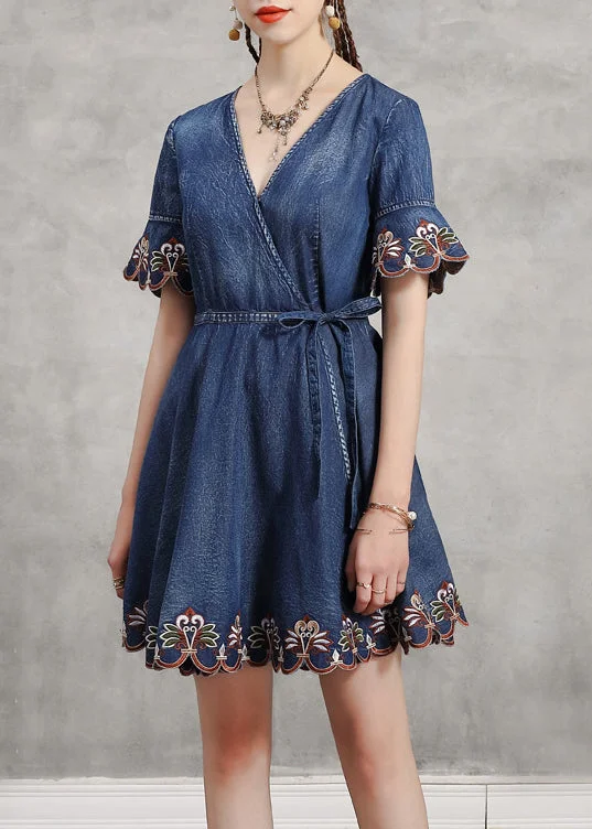 Fashionable Items Unique Blue tie waist V Neck Embroideried Cotton Denim Dress flare sleeve