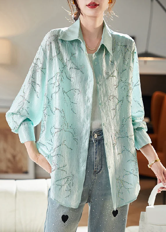 Casual And Comfortable Loose Green Peter Pan Collar Zircon Blouse Long Sleeve