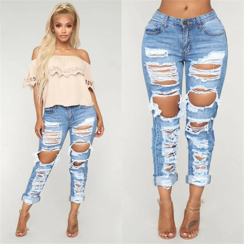 Warm Atmosphere Personality Ripped Denim Trousers