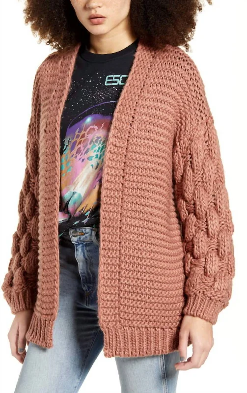 Ethnic Style Chunky Knit Open Front Cardigan In Dark Pink