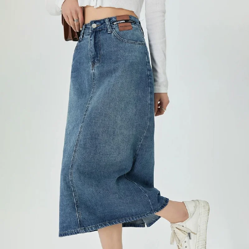 Girl Style Classic Blue A-Line Midi Denim Skirt