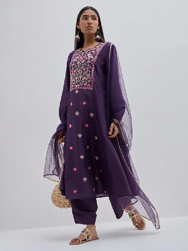 Street Cool Vark Purple Embroidered Kurta, Pants and Dupatta Set