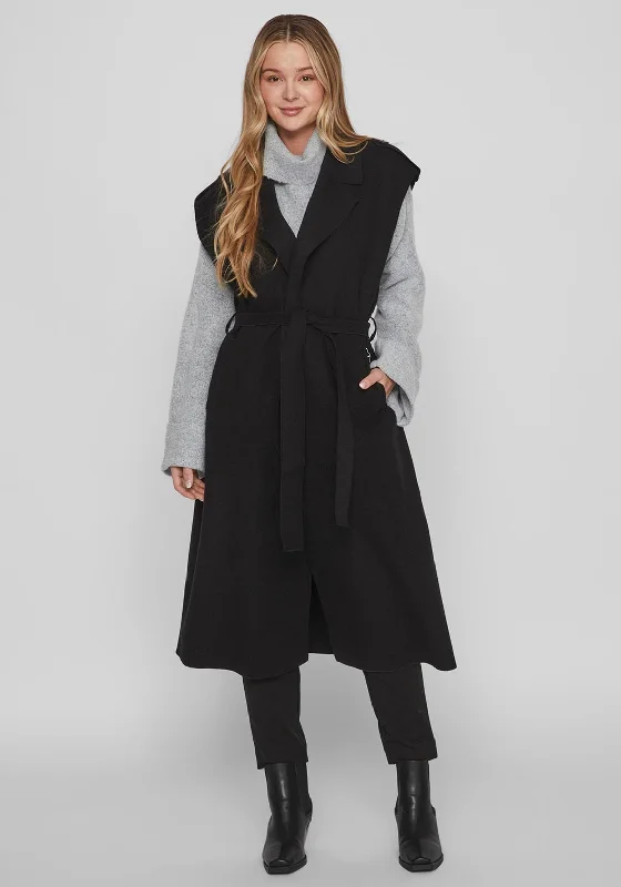 Elegant And Charming Vila Juice Tie Waist Sleeveless Trench, Black