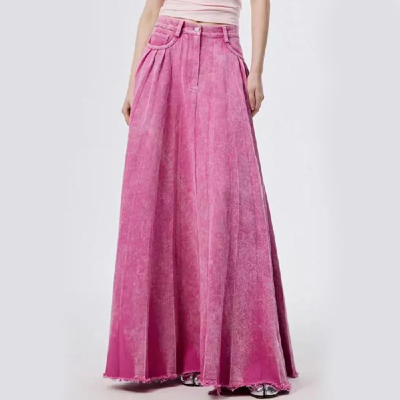 Lively And Youthful High Waist A-line Floor-Length Denim Skirt in Flash Rose Pink