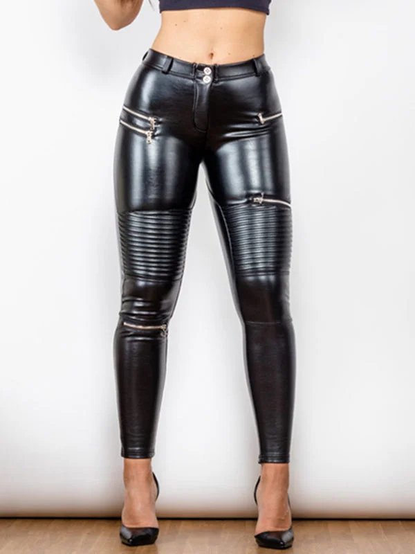 French Style ZASUWA Female Glossy Zipper Pocket Folds Hip-lift Leggings