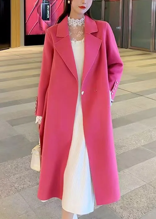 Fashion Selection New Rose Button Tie Waist Pockets Woolen Coat Long Sleeve