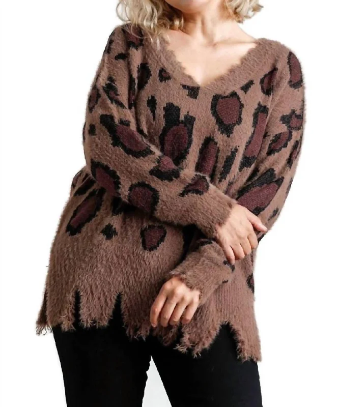 Luxury And Elegant Fuzzy Leopard Sweater In Mocha