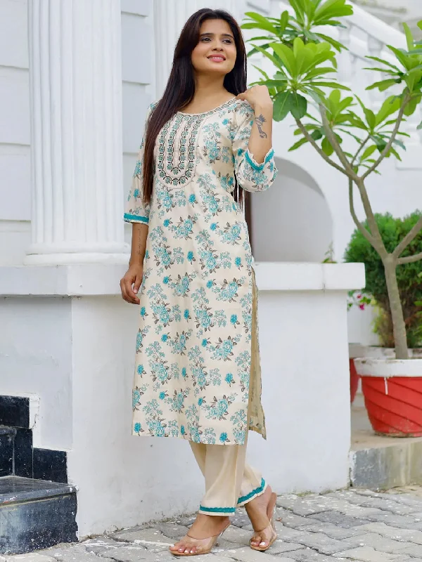 Light And Breathable Beige Printed Chanderi Silk Straight Kurta Set