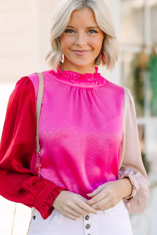 High-quality Styles Get Their Attention Hot Pink Colorblock Blouse