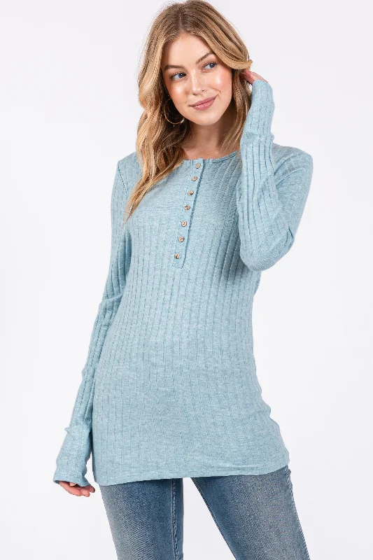 Warm Atmosphere Light Teal Ribbed Knit Button Long Sleeve Top