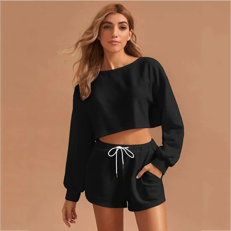 Perfect Tailoring Casual Drawstring Women Long Sleeves Tops and Cropped Shorts