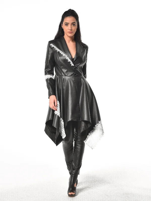 Luxury And Elegant Vegan Leather Coat With Lace Details