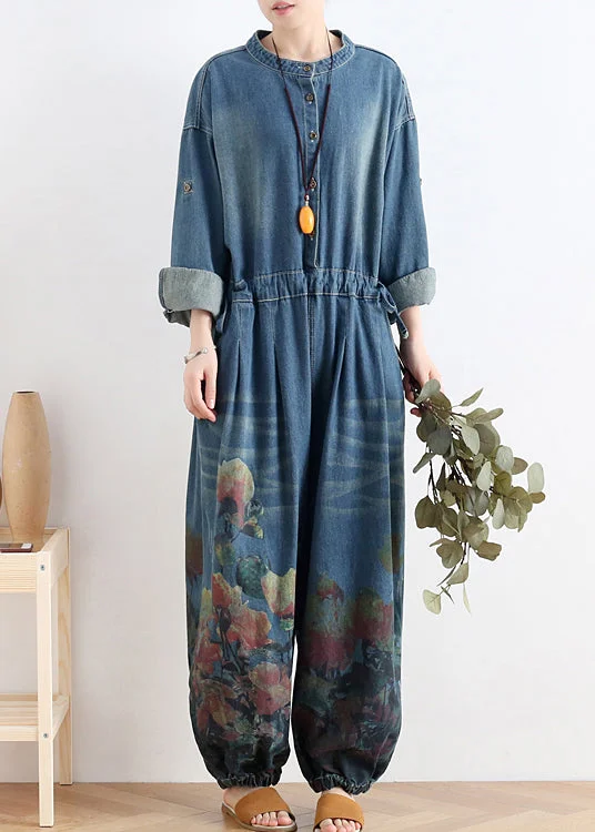 Double-sided Wear Plus Size Blue O-Neck Button Floral Cotton Denim Jumpsuit Long Sleeve