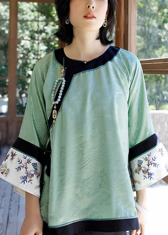 Youthful Vitality Vintage Green O-Neck Embroideried Patchwork Jacquard Silk Top Long Sleeve