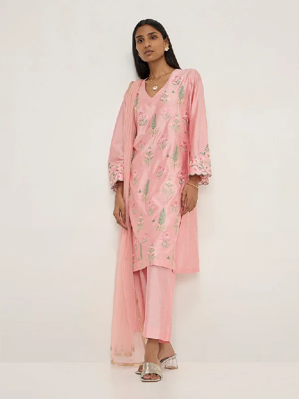 Refreshing Design Vark Pink Floral Embroidered Kurta, Pants and Dupatta Set