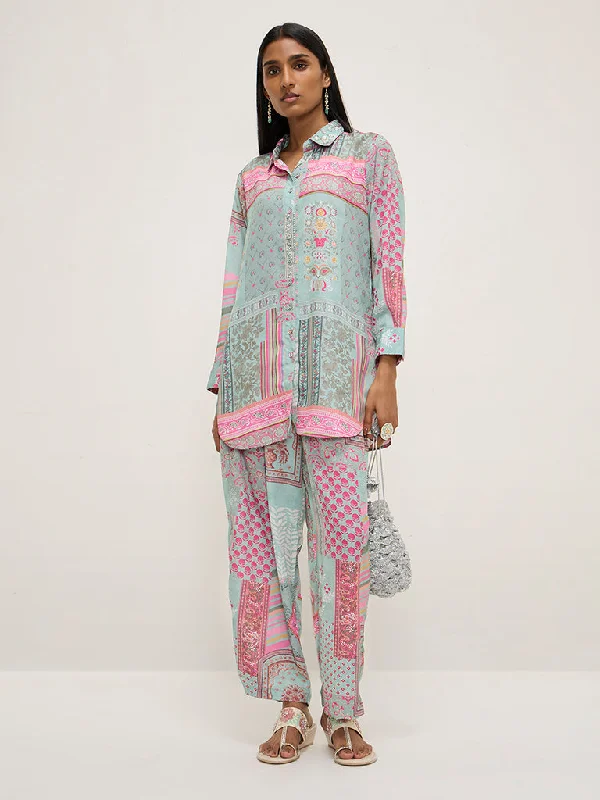 Floral Prints Vark Multicolour Printed High-Low Tunic and Pants Set