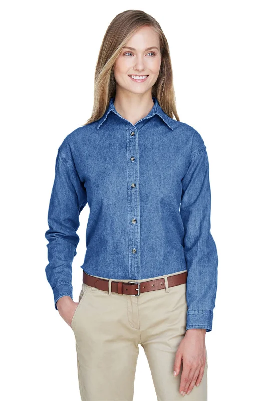 Double-sided Wear UltraClub Womens Cypress Denim Long Sleeve Button Down Shirt - Indigo Blue