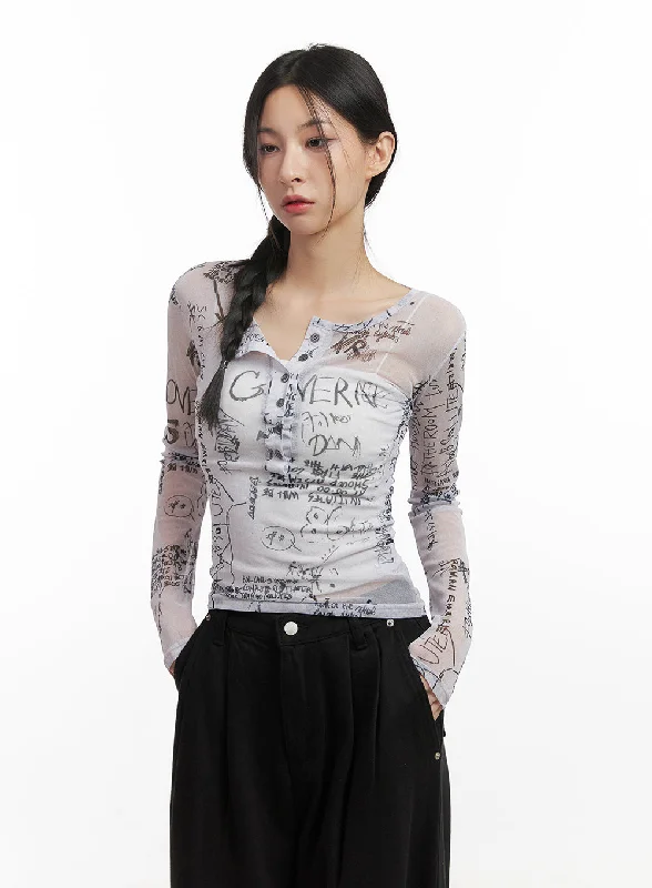 Urban Style Graphic Sheer Slim-Fit Top CN426