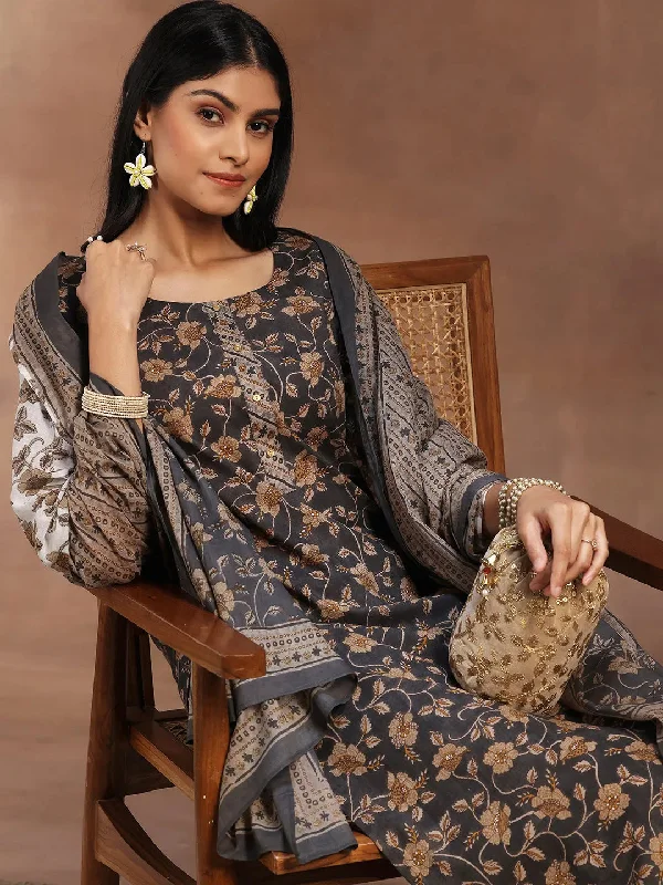 Unique Prints Grey Printed Cotton Straight Suit With Dupatta