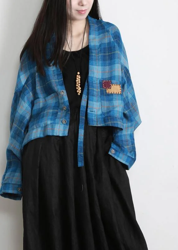 Classic Color Vintage Blue Plaid Batwing Sleeve Linen Summer Shirt Tops