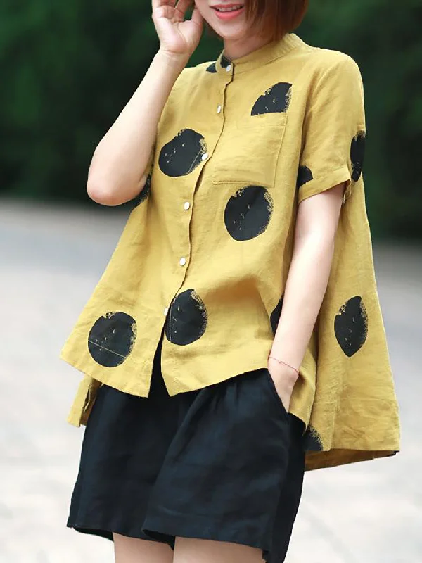 Bright Colors Plus Size Polka Dot Cotton Linen Stand Collar Shirt