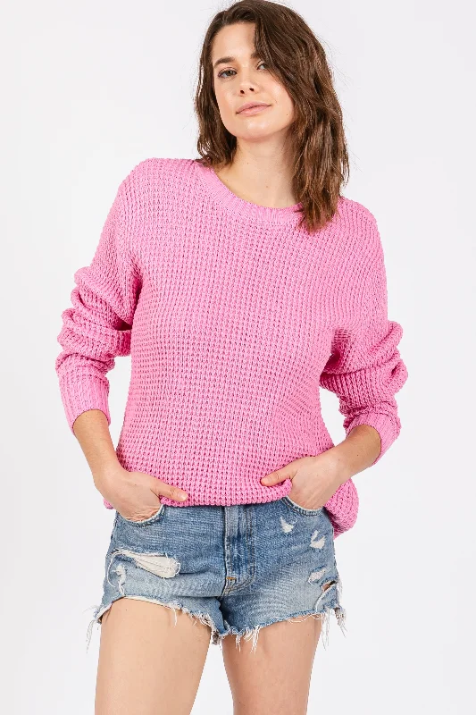 Exquisite Embroidery Light Pink Waffle Knit Round Hem Sweater