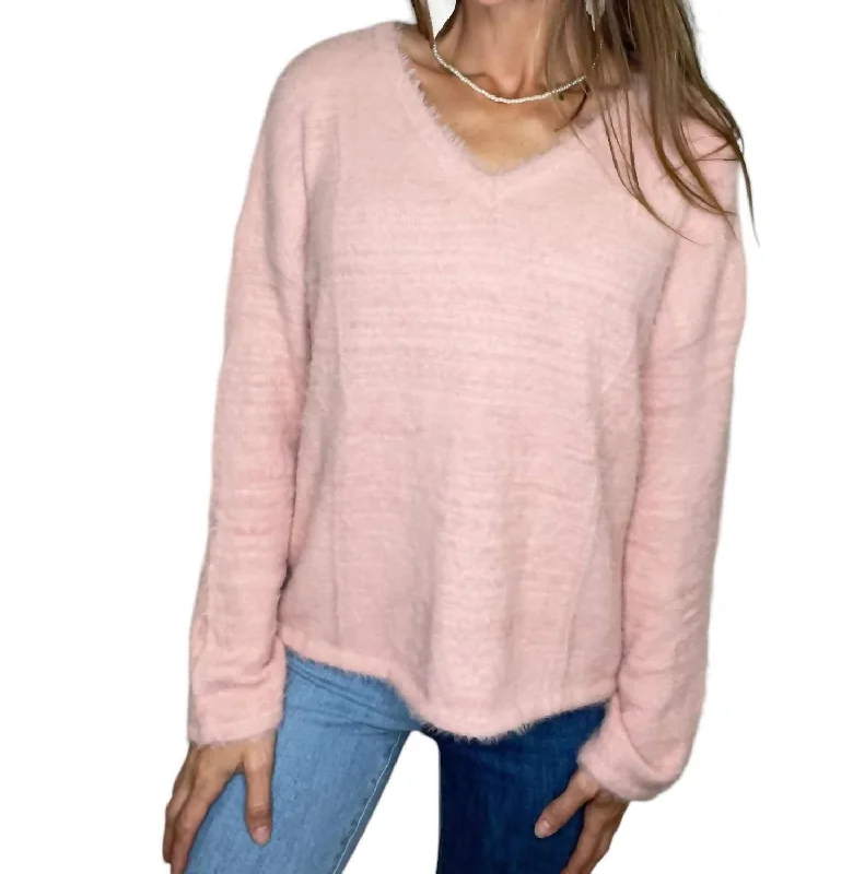 End Of The Year Carly Mohair V Neck Sweater In Soft Pink